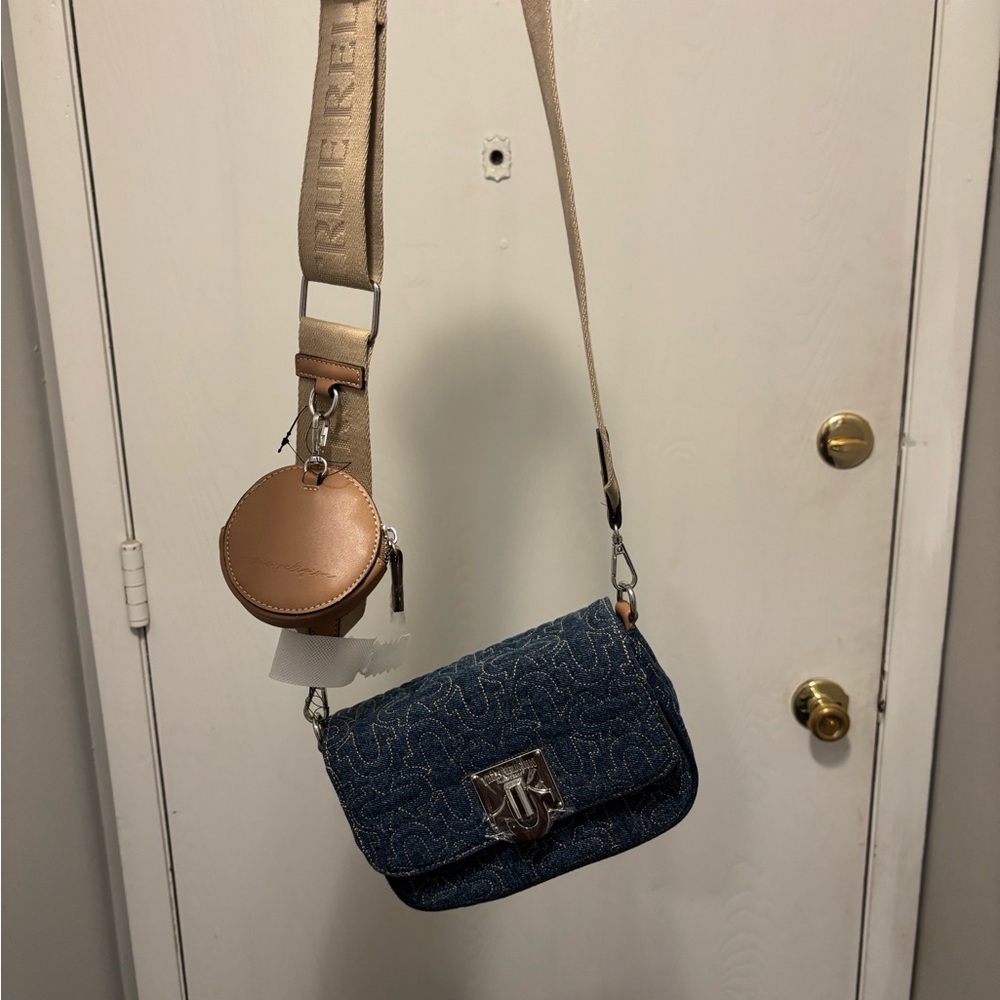 True Religion Denim and Tan Crossbody Bag with Coin Pouch